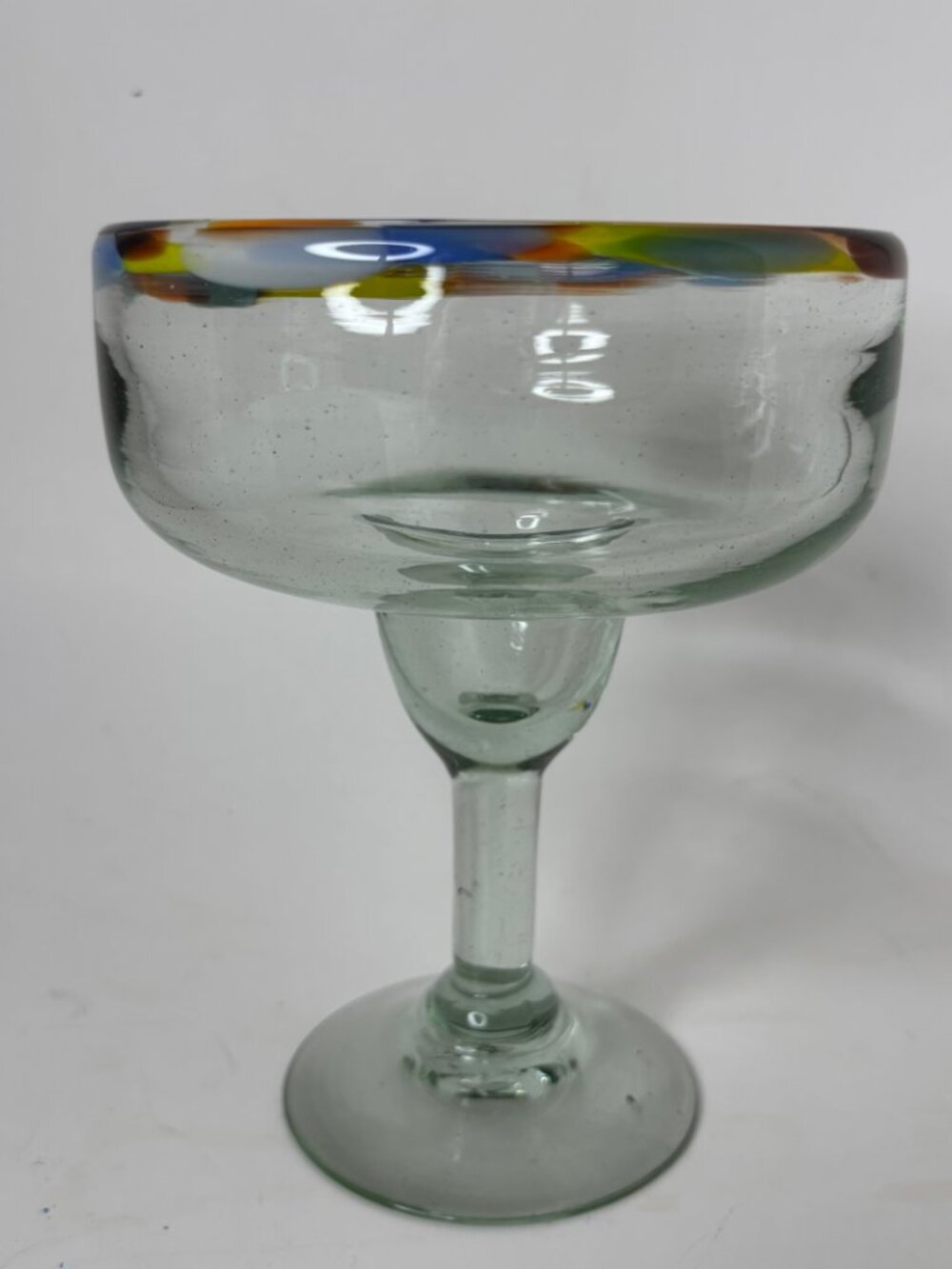 Mexican Hand Blown Large Art Glass Margarita Glass Rainbow Swirl Rim 14 oz